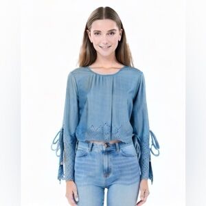 Style Envy Denim Crochet Eyelet Bell Sleeve Top